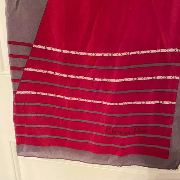 DIOR SCARF GRAY RED ORANGE SILK SQUARE LUXURY ACCESSORY STRIPES COLOR BLOCK - Picture 8 of 10